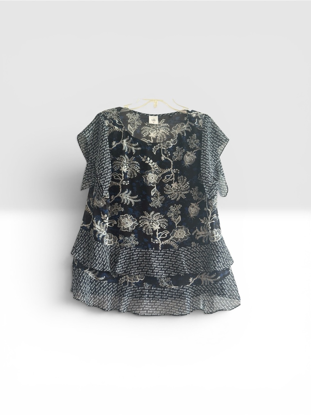 CAbi Navy and Cream Floral Layered Ruffle Blouse